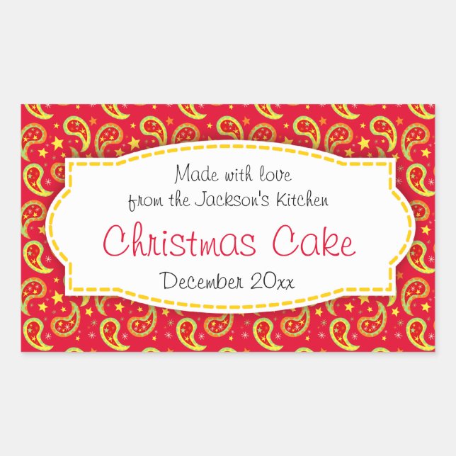 Christmas cake paisley red food label sticker (Front)