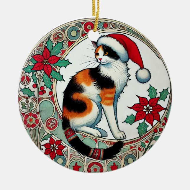 Christmas Calico Cat Santa                         Ceramic Tree Decoration (Front)
