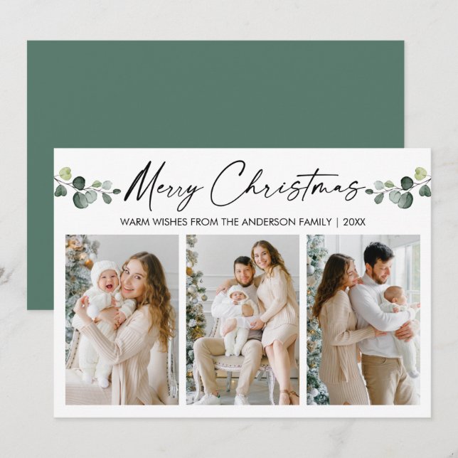 Christmas Calligraphy Ink Watercolor Eucalyptus Holiday Card (Front/Back)