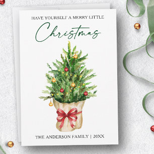 Christmas Calligraphy Ink Watercolor Pine Red Bow Holiday Card