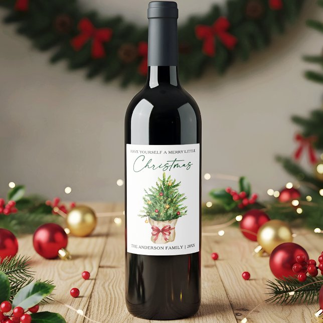 Christmas Calligraphy Ink Watercolor Pine Red Bow Wine Label (Customize your change your personalized text size or text style.)