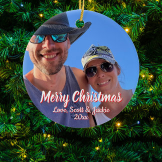 Christmas Calligraphy red/white Couples Personaliz Ceramic Tree Decoration
