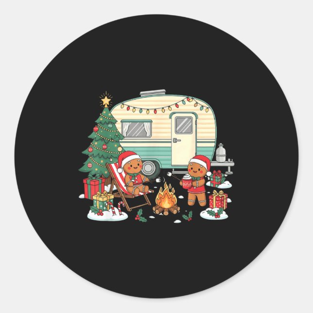 Christmas Camng Gingerbread Campfire Tree Santa Ha Classic Round Sticker (Front)