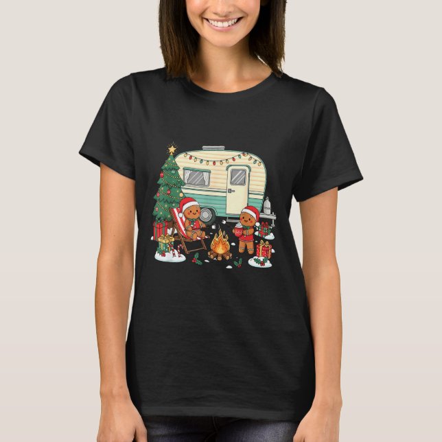 Christmas Camng Gingerbread Campfire Tree Santa Ha T-Shirt (Front)