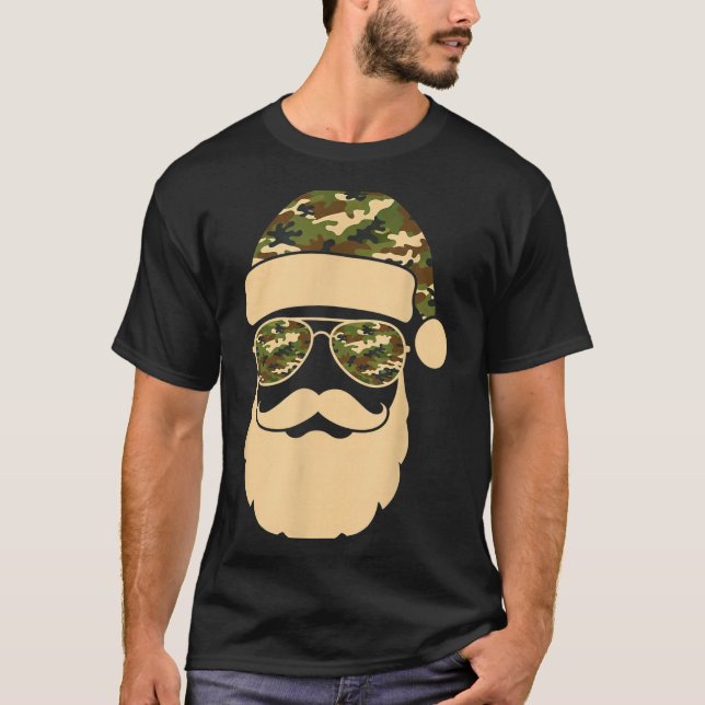 Christmas Camo Santa Sungles Hat Beard Cool Milita T-Shirt (Front)