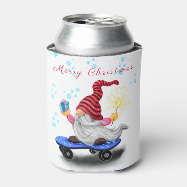 Christmas Can Cooler Skater Gnome with Gifts (Can Front)