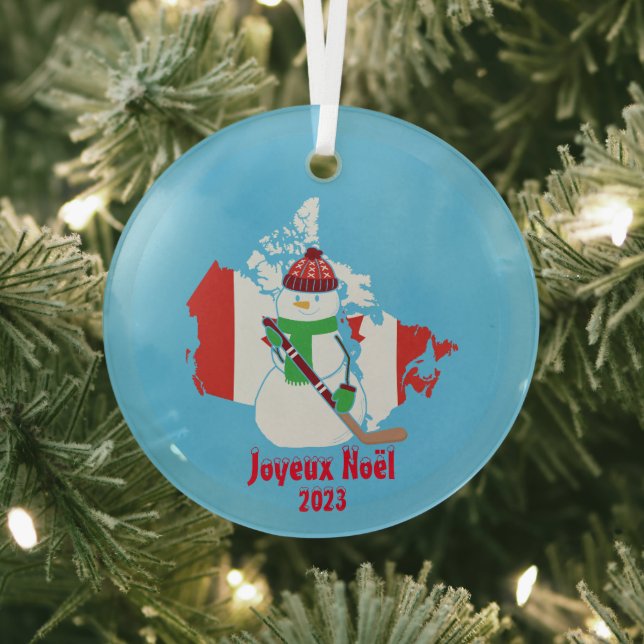 Christmas Canadian Flag Snowman Glass Tree Decoration (Insitu)