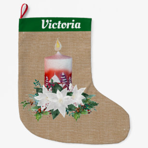 Christmas Candle Arrangement on Brown Linen Large Christmas Stocking