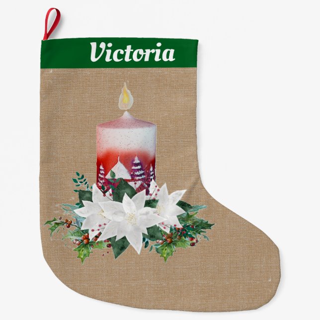 Christmas Candle Arrangement on Brown Linen Large Christmas Stocking (Front)