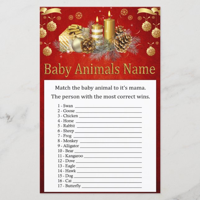 Christmas Candle Baby Animal Name Game baby shower (Front)