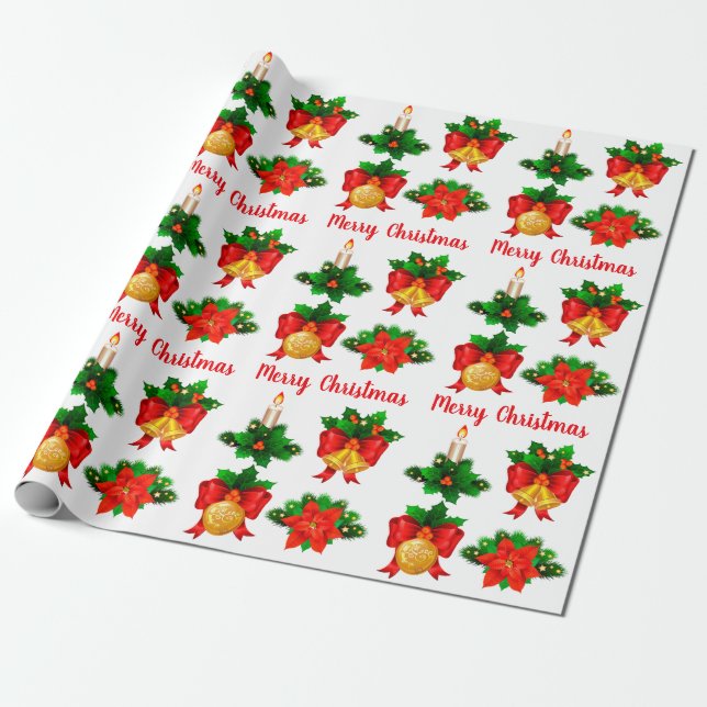 Christmas Candle Bells Ribbon Poinsettia Flower Wrapping Paper (Unrolled)