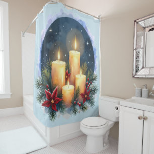 Christmas Candle Glow with Poinsettias Shower Curtain