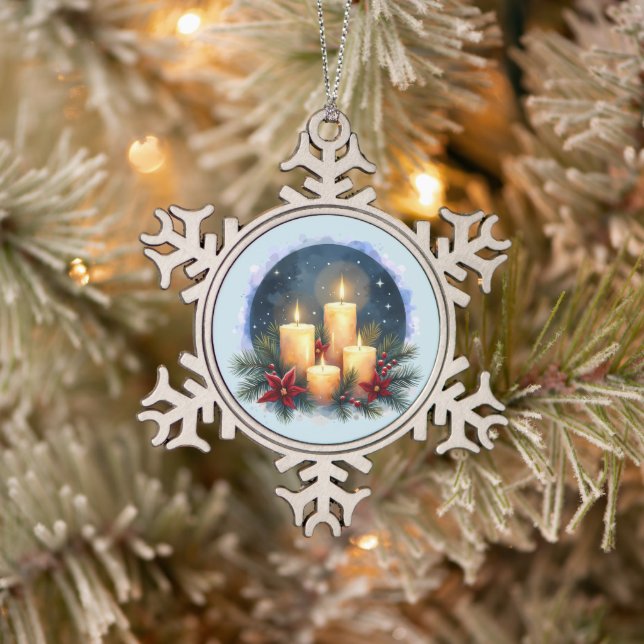 Christmas Candle Glow with Poinsettias Snowflake Pewter Christmas Ornament (Tree)