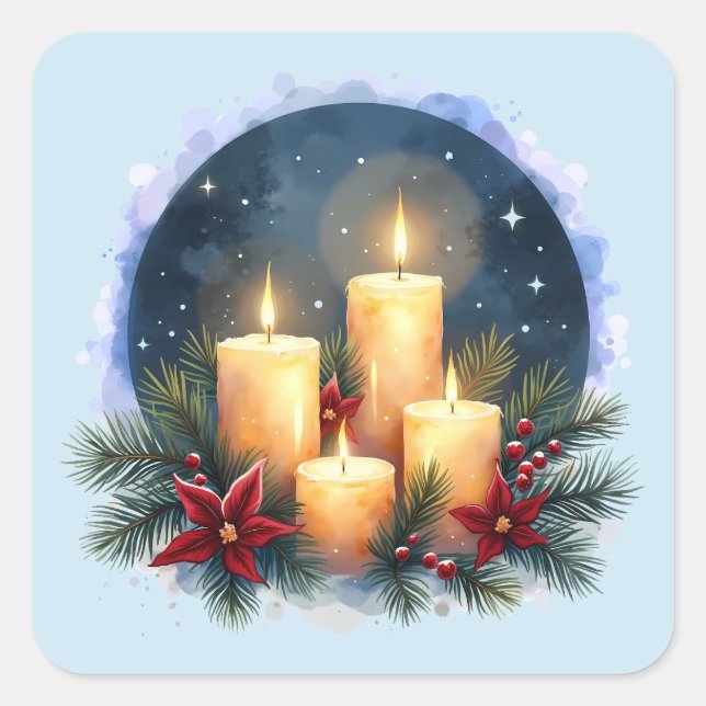 Christmas Candle Glow with Poinsettias Square Sticker (Front)