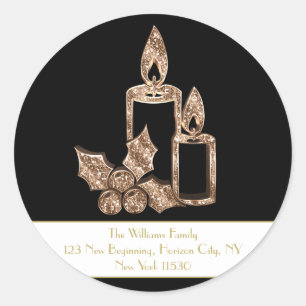 Christmas Candle Holly Black and White Gold Script Classic Round Sticker