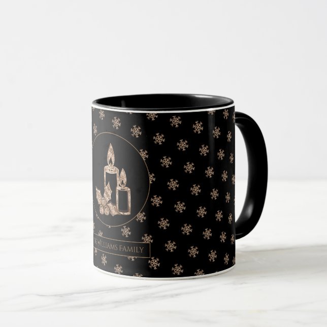 Christmas Candle Holly Snowflakes Black and Gold Mug (Front Right)