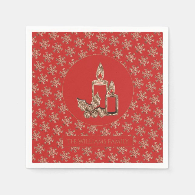 Christmas Candle Holly Snowflakes Red and Gold Napkin (Front)