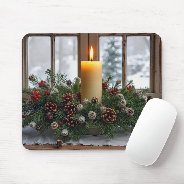 Christmas Candle In a Pine Centerpiece Mouse Mat (With Mouse)