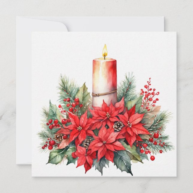 Christmas Candle, Red Poinsettia Flowers, Berries Holiday Card (Front)