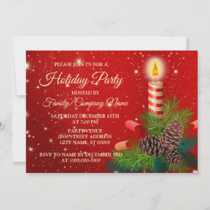 Christmas Candle Red White Sparkle Holidays Party Invitation