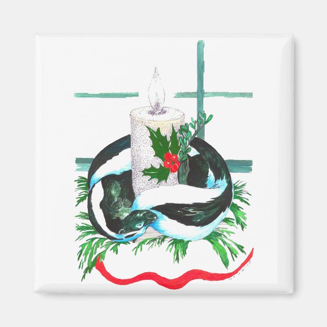 Christmas Candle Skunk Wrapped Cute Holiday Magnet (Front)
