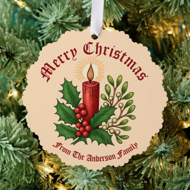 Christmas Candle With Holly & Mistletoe Tree Decoration Card (Insitu (Tree))