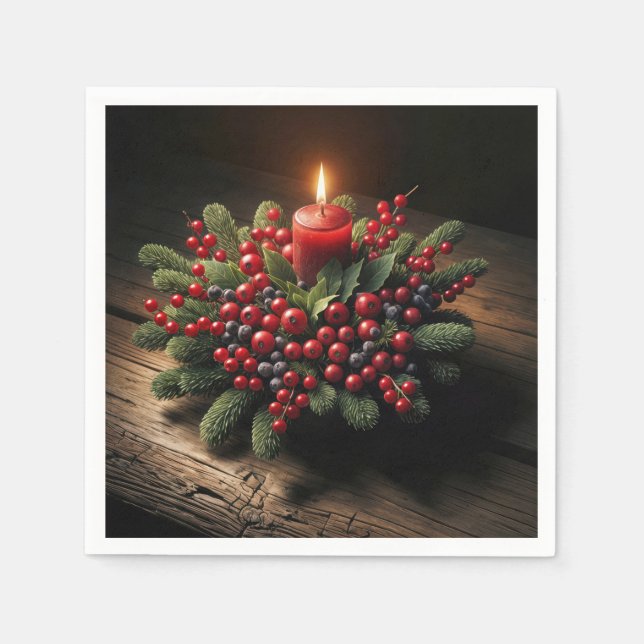 Christmas Candle With Pine and Berries Napkin (Front)