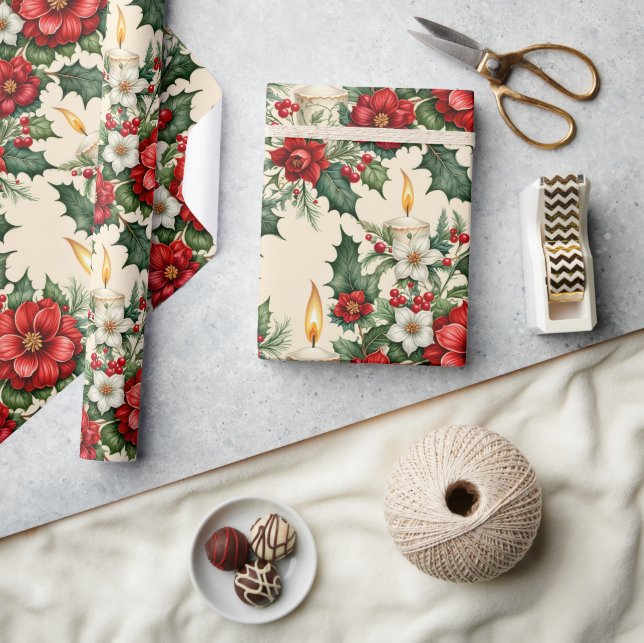 Christmas Candlelight in Flowers Wrapping Paper (Crafts)