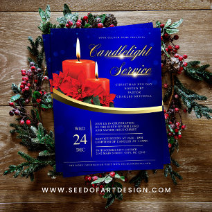 Christmas Candlelight Poinsettia Blue Church Flyer