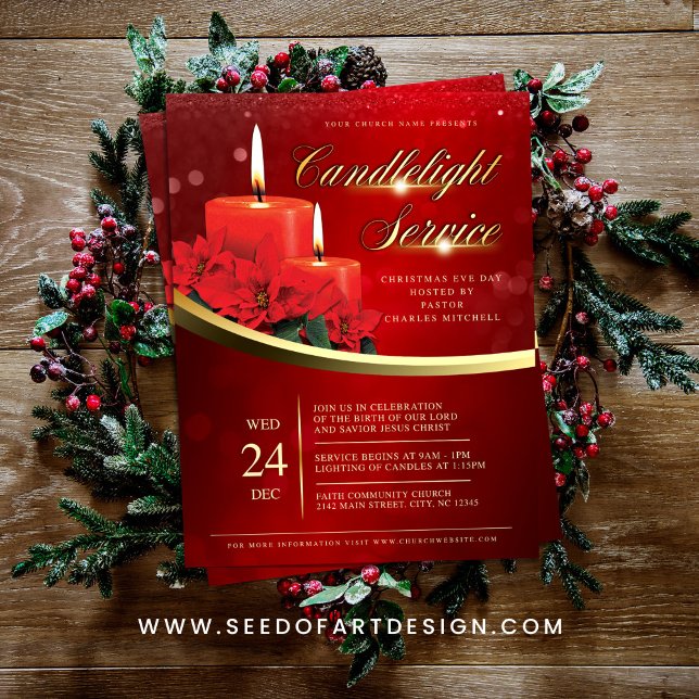 Christmas Candlelight Poinsettia Red Church Flyer (Creator Uploaded)