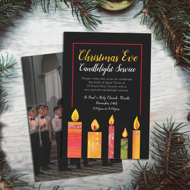 Christmas candlelight service art black photo invitation (Creator Uploaded)