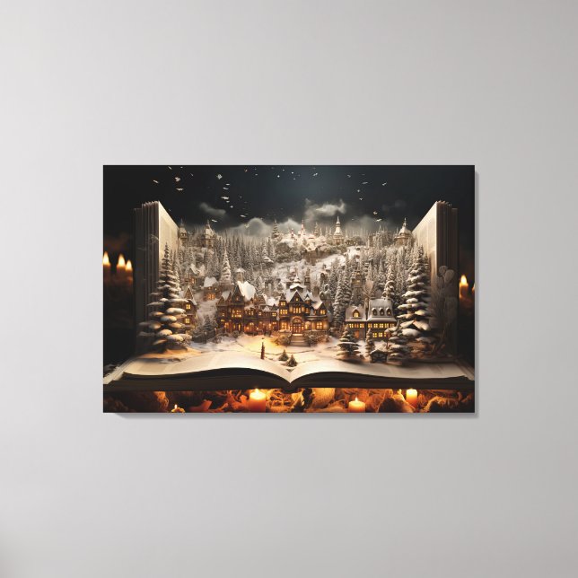 Christmas Candlelit Storybook Mountain Village Canvas Print (Front)