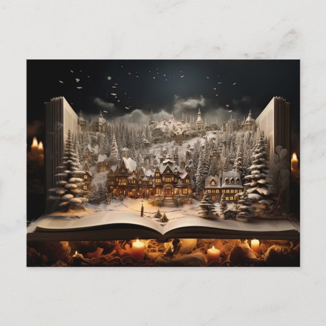 Christmas Candlelit Storybook Mountain Village Holiday Postcard (Front)