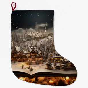 Christmas Candlelit Storybook Mountain Village Large Christmas Stocking