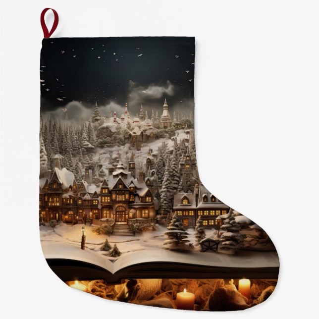 Christmas Candlelit Storybook Mountain Village Large Christmas Stocking (Front)