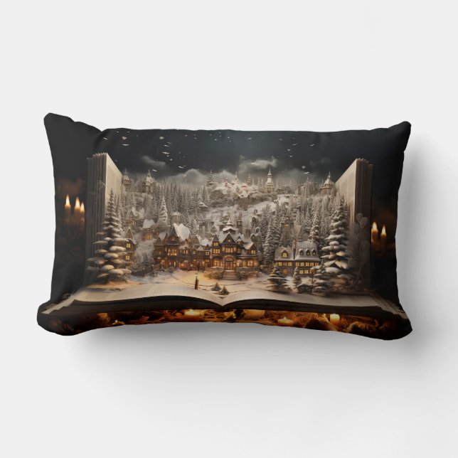 Christmas Candlelit Storybook Mountain Village Lumbar Cushion (Front)