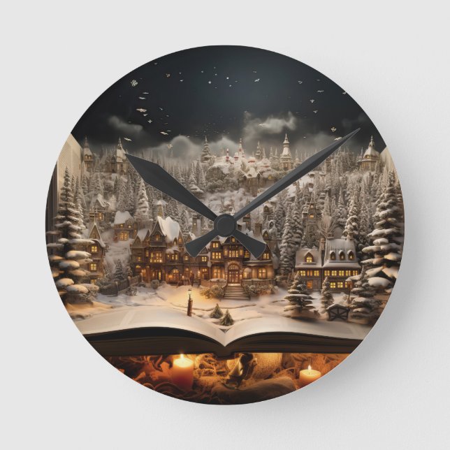 Christmas Candlelit Storybook Mountain Village Round Clock (Front)
