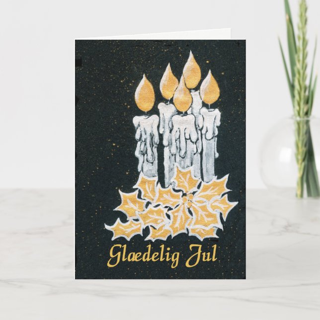 Christmas Candles and Holly, Danish Greeting Card (Front)