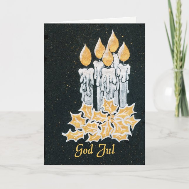 Christmas Candles and Holly, Norwegian Greeting Card (Front)
