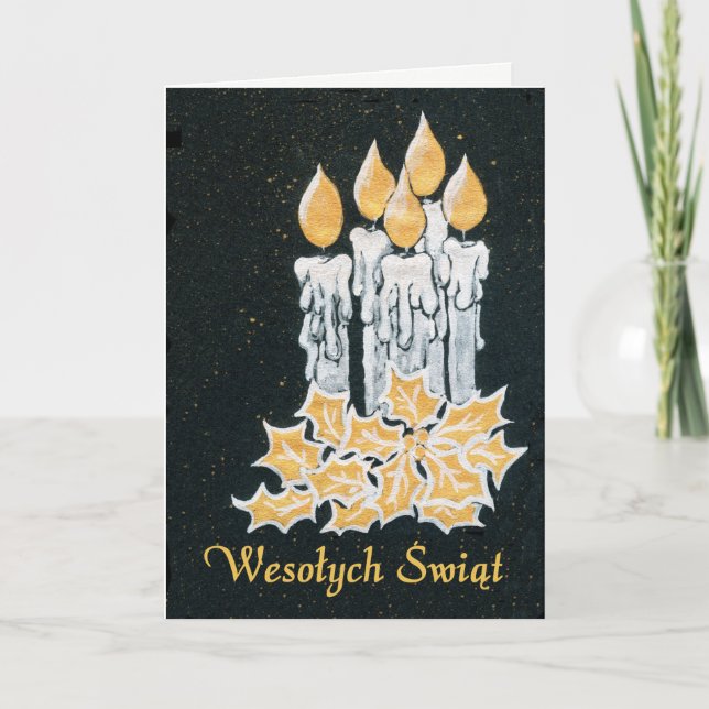 Christmas Candles and Holly, Polish Greeting Card (Front)