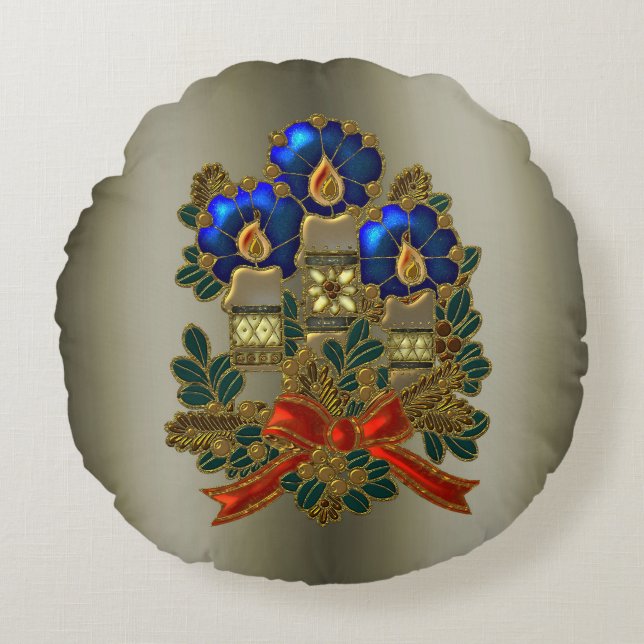 Christmas Candles and Wreath Round Cushion (Front)