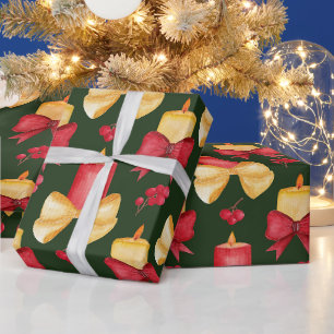Christmas Candles, Berries and Ribbons Wrapping Paper
