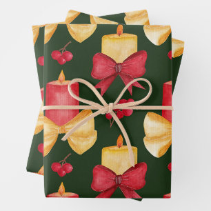Christmas Candles, Berries and Ribbons Wrapping Paper Sheet