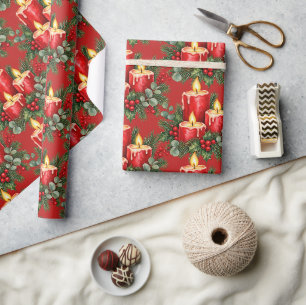 Christmas Candles & Holly Decoration Pattern Wrapping Paper