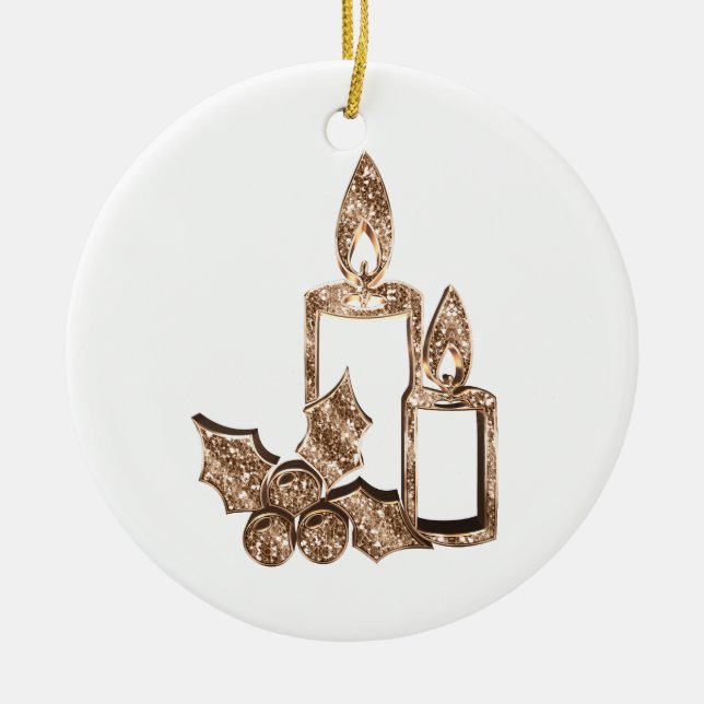 Christmas Candles Holly Elegant Gold and White Ceramic Tree Decoration (Front)