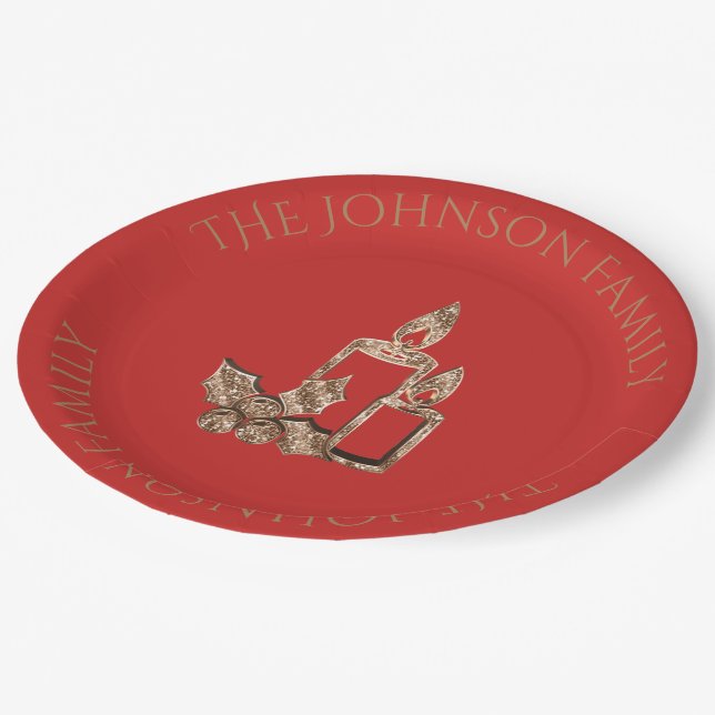Christmas Candles Holly Red and Gold Elegant Paper Plate (Angled)