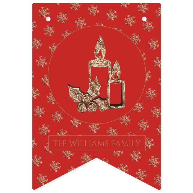 Christmas Candles Holly Snowflakes Red and Gold Bunting (First Flag)