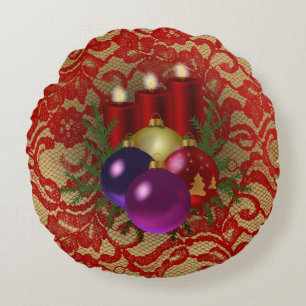 Christmas Candles & Ornaments Floral Faux Lace Round Cushion