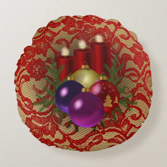 Christmas Candles & Ornaments Floral Faux Lace Round Cushion (Front)