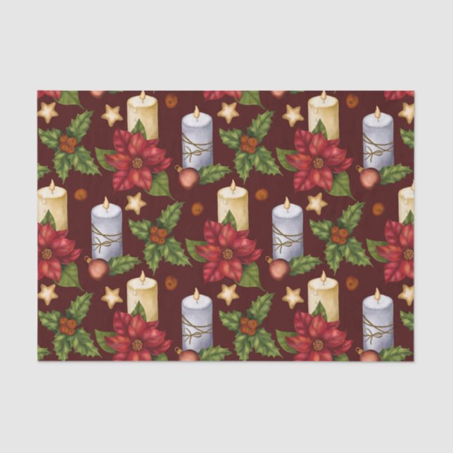 Christmas Candles, Poinsettia and Holly Berry  Tissue Paper (Front)